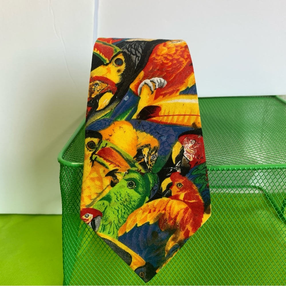 Vintage Handmade 🦜TIE  Bright  Colorful Cotton Unisex Parrot whimsical